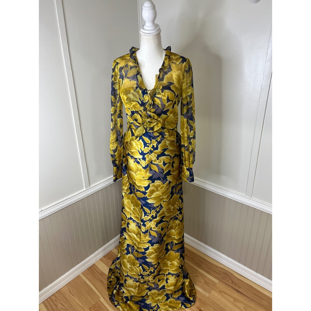 THEIA Yellow Navy Blue Floral Maxi Gown Ruffle V-Neck Rosette Long Sleeve Size 4